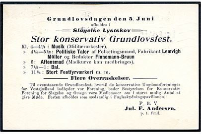 8 øre Chr. X helsagsbrevkort (fabr. 62-H) sendt lokalt i Slagelse d. 31.5.1921. På bagsiden fortrykt meddelelse om: den Store konservative Grundlovsfest i Slagelse Lystskov.