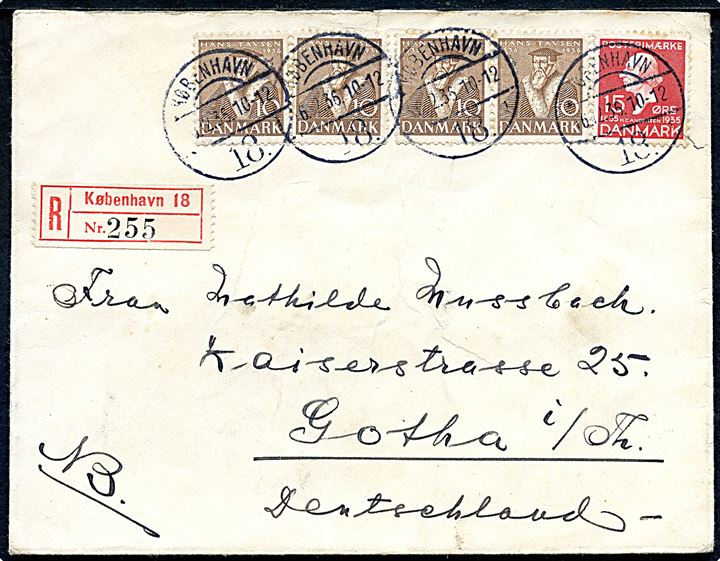 10 øre Tavsen (4) og 15 øre H. C. Andersen på anbefalet brev fra København d. 16.12.1936 til Gota, Tyskland.