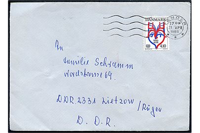 4,10 kr. WHO 40 år på brev fra Tøndere d. 21.4.1988 til Leitzow, Rügen, DDR.