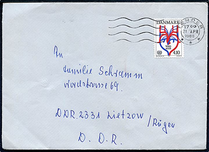 4,10 kr. WHO 40 år på brev fra Tøndere d. 21.4.1988 til Leitzow, Rügen, DDR.