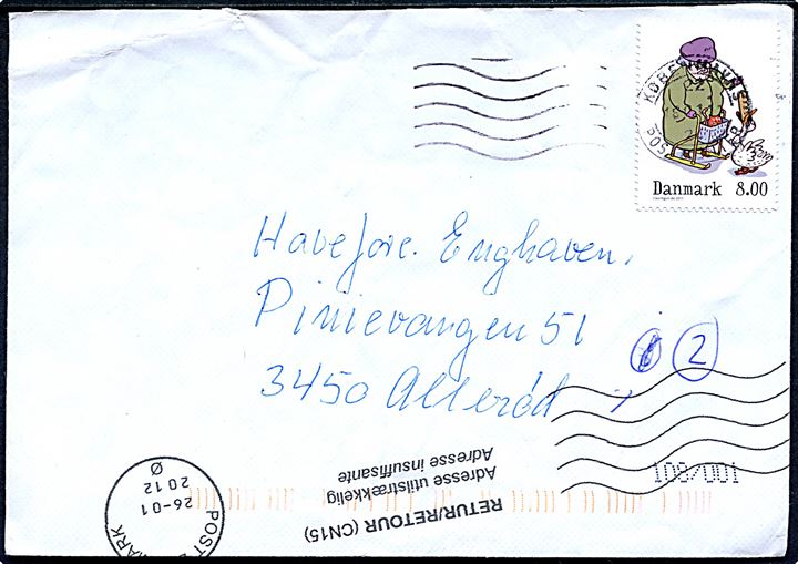 8 kr. på brev fra Københavns Postcenter d. 18.1.2012 til Allerød. Returneret som ubekendt med interessant maskinstempel Retur/Retour (CN15) Adresse utilstrækkelig Adresse insuffisante/Post Danmark Ø d. 26.1.2012. Bagklap mgl.