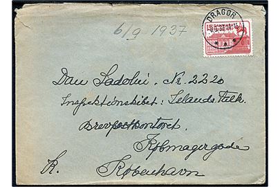 15 øre Regentjubilæum på brev fra Dragør d. 5.9.1937 til sømand ombord på inspektionsskibet Islands Falk via Brevpostkontoret i København. Nusset.