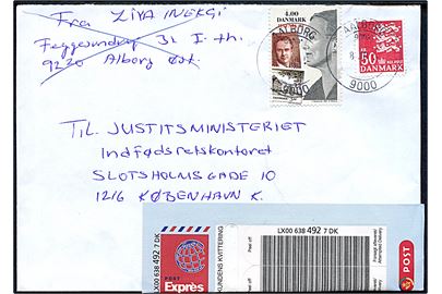 4 kr. Hafnia 01 og 50 kr. Rigsvåben på Post Exprés brev med stor stregkode etiket fra Aalborg d. 8.10.200? til København.