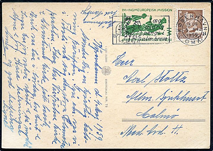 20 øre Fr. IX og svensk IM (Inomeuropeisk Mission) på brevkort fra København d. 5.5.1959 til Malmö, Sverige.