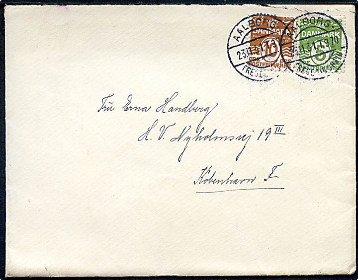 5 øre og 10 øre Bølgelinie på brev fra Hjørring annulleret med bureaustempel Aalborg - Frederikshavn T.970 d. 23.11.1931 til København.