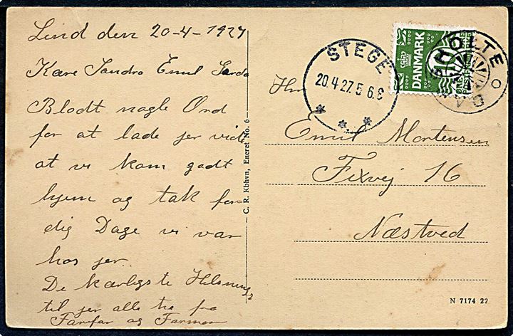 10 øre Bølgelinie på brevkort annulleret med stjernestempel DAMSHOLTE og sidestemplet Stege d. 20.4.1927 til Næstved.