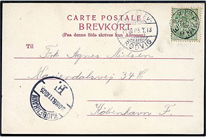 5 øre Våben på brevkort annulleret med stjernestempel KLIPPINGE og sidestemplet bureau Haarlev - Rødvig T.13 d. 11.10.1905 til København.