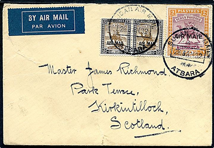 5 mills Luftpost provisorium i parstykke og 2 mills kamel rytter på luftpostbrev annulleret Sudan Air Mail Atbara d. 28.1.1932 til Scotland. 