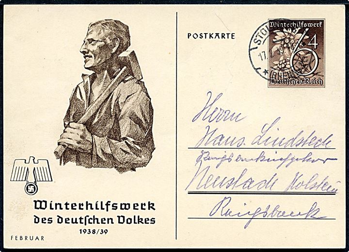 6+4 pfg. illustreret Winterhilfswerk - Februar - helsagsbrevkort fra Stolberg d. 17.2.1939 til Neustadt.