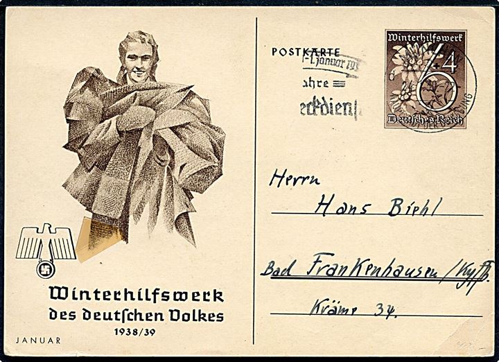 6+4 pfg. illustreret Winterhilfswerk - Januar - helsagsbrevkort fra München d. 24.1.1939 til Bad Frankenhausen.