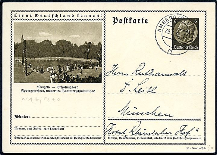 6 pfg. Hindenburg illustreret helsagsbrevkort Lernt Deutschland Kennen! / Neuzelle fra Amberg d. 29.7.1939 til München.