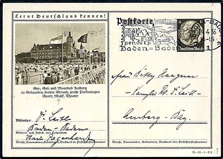 6 pfg. Hindenburg illustreret helsagsbrevkort Lernt Deutschland Kennen! / Kolberg fra Baden-Baden d. 24.4.1936 til Amberg.