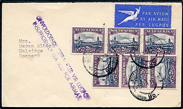 2d i 2-sprogede 3-striber (2) på underfrankeret luftpostbrev fra Johannesburg d. 3.9.1954 til Helsinge, Danmark. Violet 2-sproget stempel Insufficiently franked for airmail.