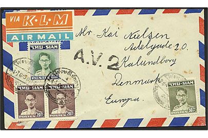 20 st. (par), 50 st. og 2 Bath på luftpostbrev fra Bangkok d. 24.6.1950 til Kalundborg, Danmark. Sort luftpoststempel A.V.2.. 