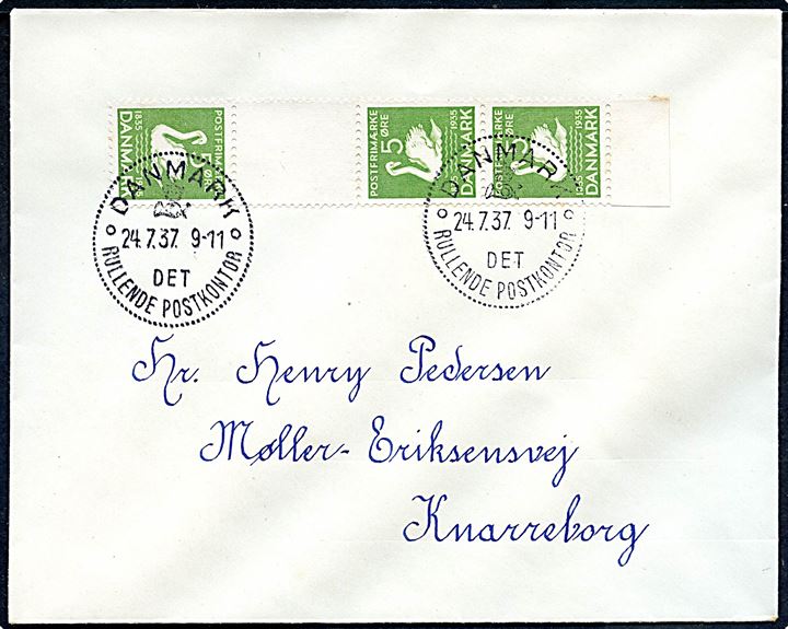 5 øre H. C. Andersen i tête-bêche 4-stribe med mellem stykke på brev annulleret med særstempel Danmark * Det Rullende Postkontor * d. 24.7.1937 til Knarreborg. Det rullende postkontor var opstillet i Odense i dagene 23.-25.7. i forbindelse med Det fynske Fællesskue.