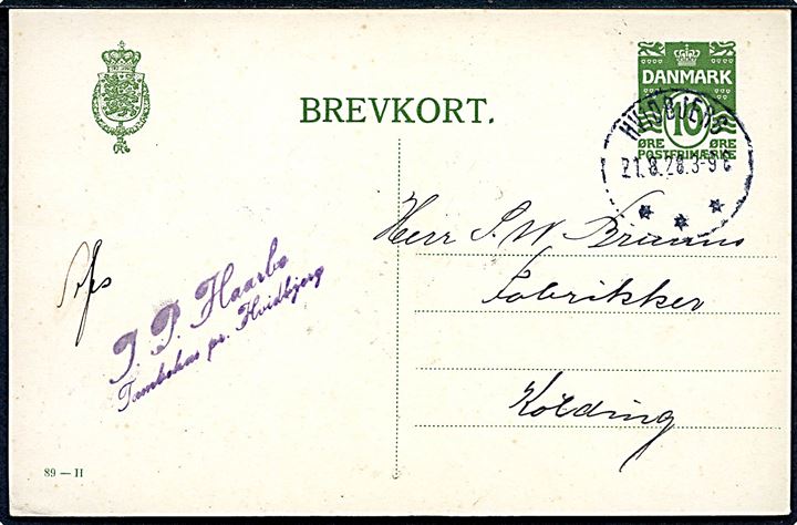 10 øre Bølgelinie helsagsbrevkort (fabr. 89-H) annulleret med brotype IIIB Hvidbjerg d. 21.8.1928 til Kolding.