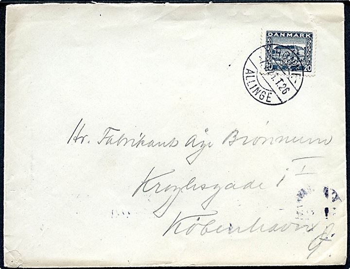 20 øre Genforening på brev fra Sandvig annulleret med bureaustempel Rønne - Allinge T.26 d. 7.7.1921 til København.