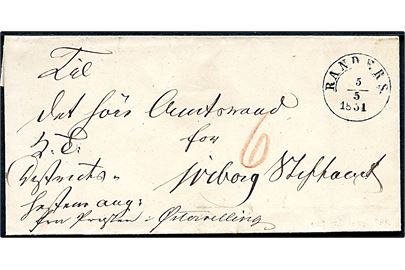1851. Ufrankeret tjenestebrev fra præsten i Øster Velling med 1½-ringsstempel Randers. d. 5.5.1851 til Viborg. Påskrevet 6 sk. porto.