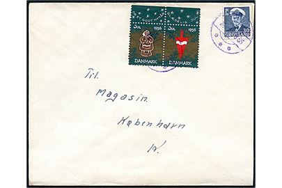 30 øre Fr. IX og DANSK Julemærke 1956 i parstykke på brev annulleret med VIOLET brotype stempel Godhavn d. 25.11.1965 til København.