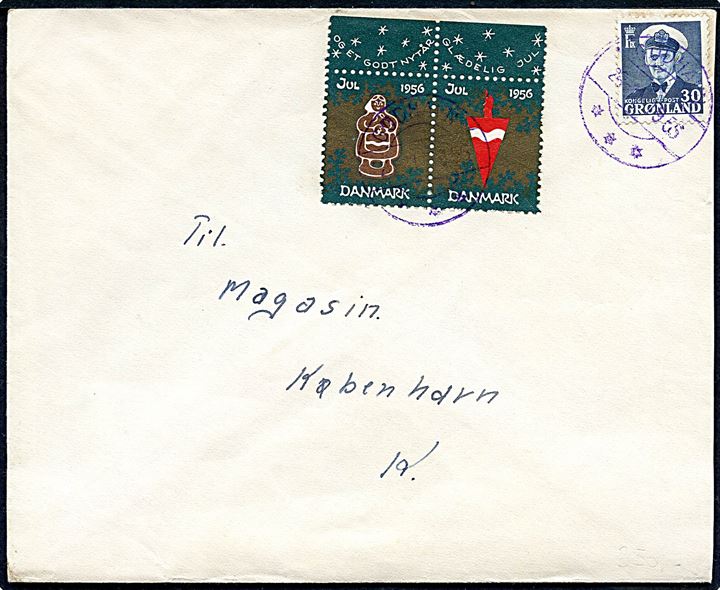 30 øre Fr. IX og DANSK Julemærke 1956 i parstykke på brev annulleret med VIOLET brotype stempel Godhavn d. 25.11.1965 til København.