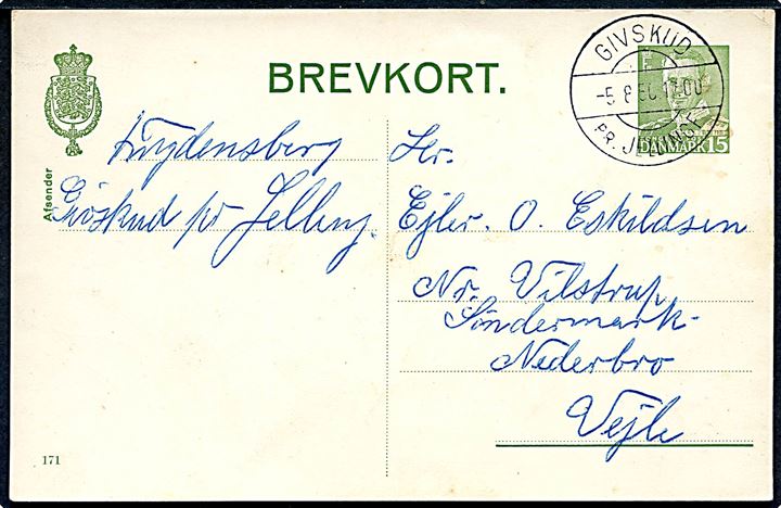 15 øre Fr. IX helsagsbrevkort (fabr. 171) annulleret med pr.-stempel Givskud pr. Jellinge d. 5.8.1950 til Vejle.