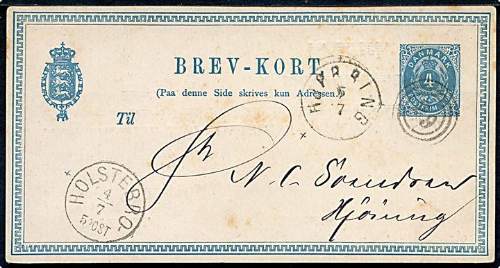 4 øre helsagsbrevkort sendt som tryksag med nr.stempel 29 og lapidar Holstebro d. 4.7.1879 til Hjørring. Ank.stemplet i Hjørring d. 5.7.1879.