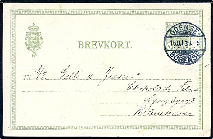 5 øre Fr. VIII helsagsbrevkort fra Bogense annulleret med bureaustempel Odense - Bogense T.5 d. 16.8.1913 til København.