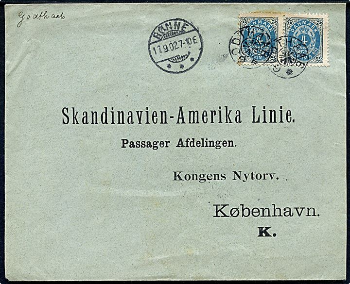 4 øre Tofarvet i parstykke på brev annulleret med stjernestempel GODTHAAB og sidestemplet Rønne d. 17.9.1902 til Skandinavisk-Amerika Linie i København.