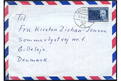 60 øre Niels Bohr på luftpostbrev med indhold dateret i Godthåb annulleret ombord på kystskibet M/S Kununguak d. 13.9.1968 til Gilleleje. 