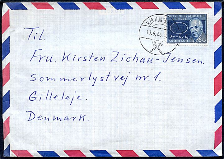 60 øre Niels Bohr på luftpostbrev med indhold dateret i Godthåb annulleret ombord på kystskibet M/S Kununguak d. 13.9.1968 til Gilleleje. 