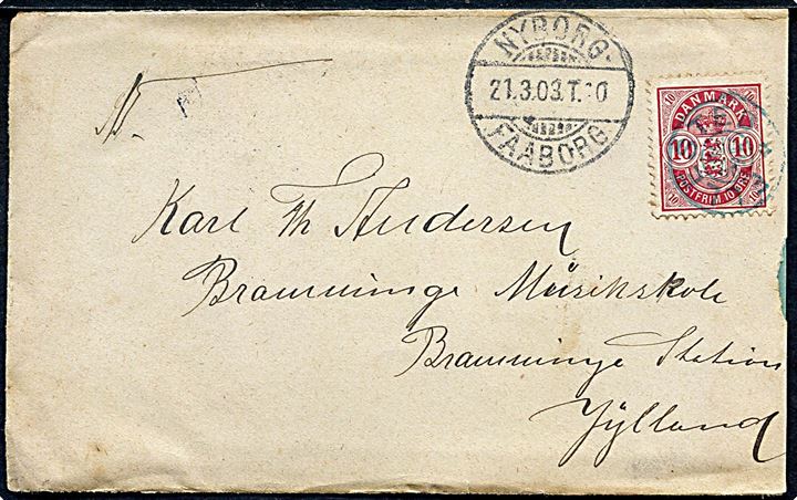 10 øre Våben på brev annulleret med BLÅT stjernestempel ELLESTED og sidestemplet bureau Nyborg - Faaborg T.10 d. 21.3.1903 til Bramminge.