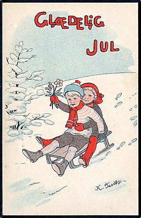 Helga Tesch: Julekort. 2 børn på kælk. A. Vincent no. 321/1.