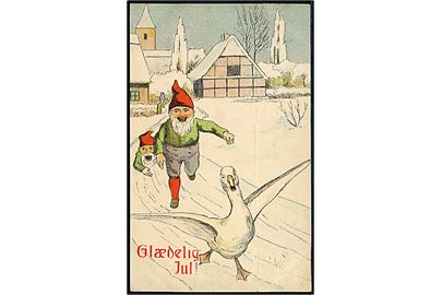 Julekort (med Julemærke 1911). Nisser jagter gås. Ukendt tegner. U/no.