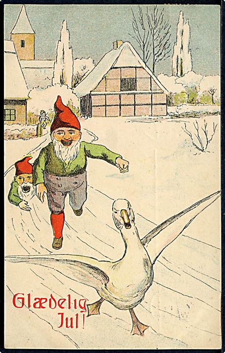 Julekort (med Julemærke 1911). Nisser jagter gås. Ukendt tegner. U/no.