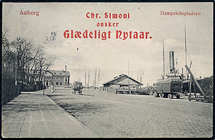 Aalborg, dampskibspladsen med dampskib. Julekort fra firma Chr. Simoni. W. & M. no. 274.