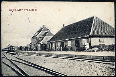 Nørre Aaby jernbanestation med damptog. OBPM u/no.