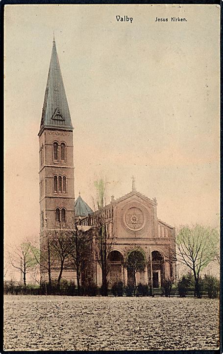 Valby, Jesus kirken. O. Jensen no. 39. Frankeret med 10 øre Chr. X fra Kjøbenhavn d. 9.2.1914 til Semarang, Java, Hollandsk Ostindien.