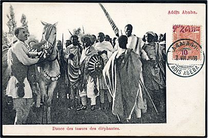 Etiopien, Addis Abeba, Elefantdræbernes dans med 10/½ g. provisorium stemplet Adis Abeba d. 7.8.1908. Uden adresse på bagsiden. 