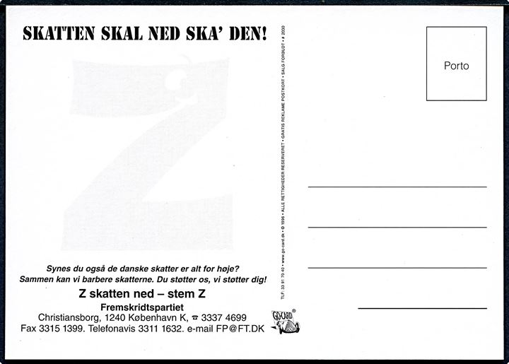 Barbér Skatten. Politisk propagandakort fra Fremskridtspartiet. Go-Cards no. 2030.