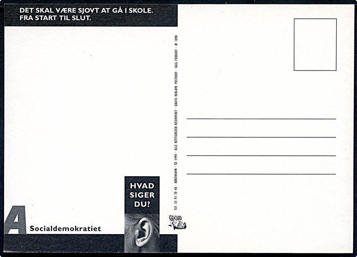 Mere fri fra Skole. Politisk propagandakort fra Socialdemokratiet. Go-Cards no. 1090.