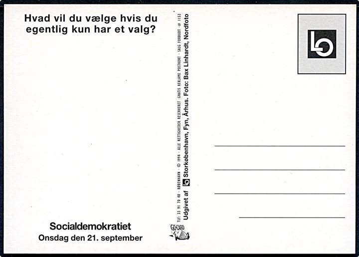 Skal hun være Socialminister?. Politisk propagandakort med Pia Kjærsgaard udgivet af Socialdemokratiet i forbindelse ed folketingsvalget d. 21. september 1994. Go-Card no. 1153.