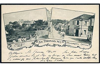 D.V.I., St. Thomas, Hotel 1829 & Telegraph Office. Dateret ombord på Valkyrien 1901. U/no.