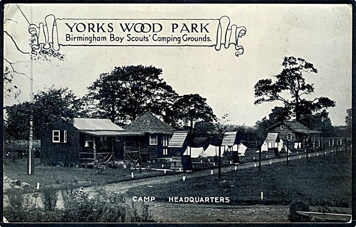 Yorks Wood Park Birmingham Boy Scouts' Camping Grounds. Frankeret med 1½d George V fra deltager på spejderlejr i Birmingham d. 12.8.1927 til dansk kvindelig spejderleder i Husum, Danmark.