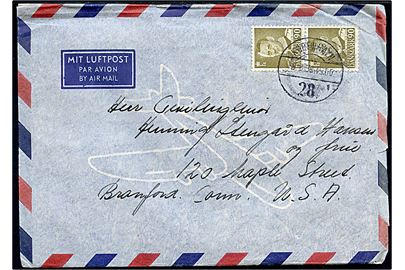 90 øre Fr. IX i parstykke på luftpostbrev fra København d. 8.6.1958 til Branford, USA.