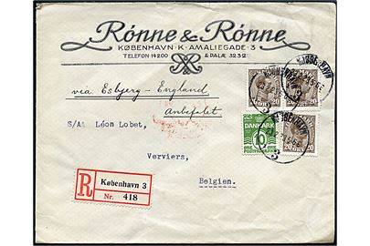10 øre Bølgelinie og 20 øre Chr. X (3) på anbefalet brev påskrevet via Esbjerg-England fra Kjøbenhavn d. 23.2.1923 via London d. 26.2.1923 til Verviers, Belgien.