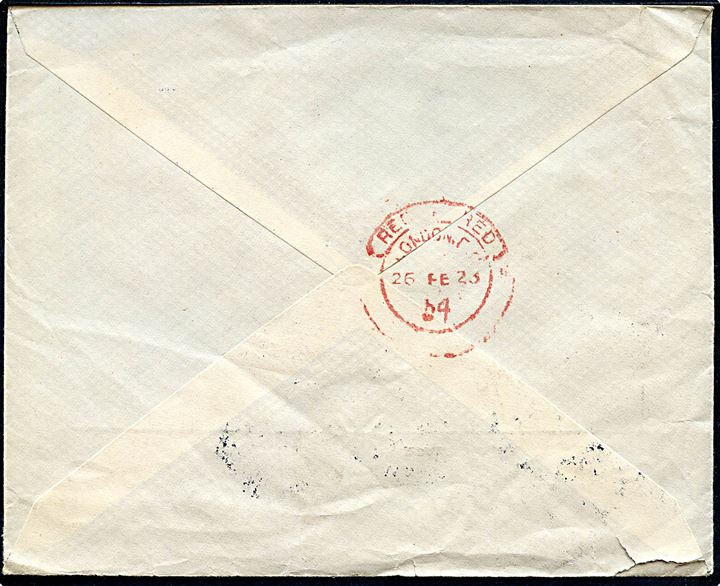 10 øre Bølgelinie og 20 øre Chr. X (3) på anbefalet brev påskrevet via Esbjerg-England fra Kjøbenhavn d. 23.2.1923 via London d. 26.2.1923 til Verviers, Belgien.