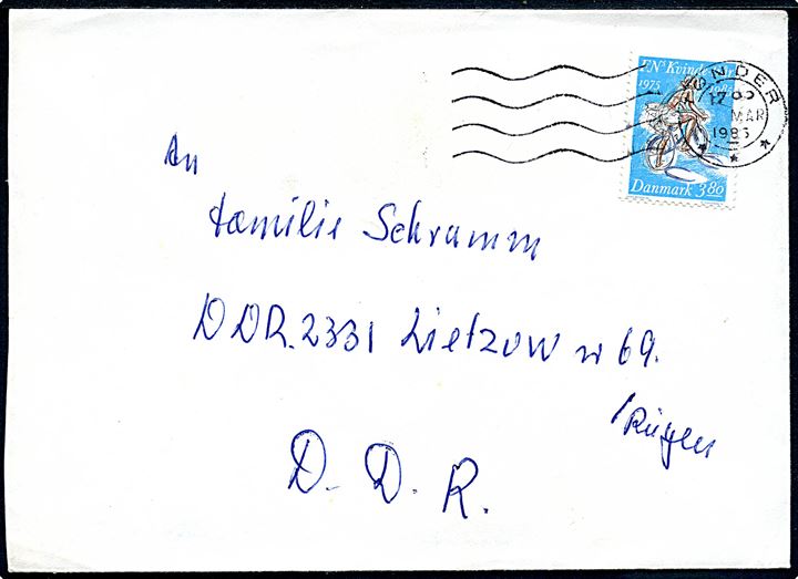 3,80 kr. FN's Kvinde-tiår på brev fra Tønder d. ?.3.1985 til Lietzow, Rügen, DDR.