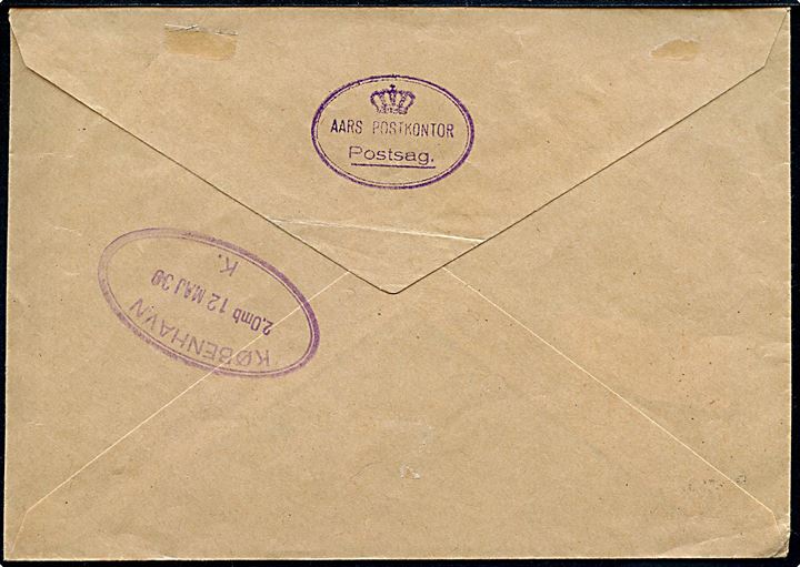 Ufrankeret fortrykt postsagskuvert A.39 (6-34 C6) sendt anbefalet med turiststempel Aars besøg Kimbernes By d. 11.5.1939 til København. På bagsiden afs.-stempel: (krone) Aars Postkontor / Postsag.