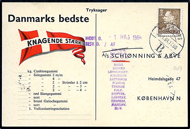 25 øre Fr. IX med perfin S&A. på tryksags-svarkort fra firma Schiønning & Arvé stemplet Esbjerg B: sn1 d. 30.4.1964 til København.