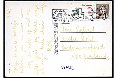 1,80 kr. Margrethe med perfin F.K. (Frederiksberg Kommune) og 2 kr. Storm P. på brevkort fra Hillerød d. 4.8.1986 til Søndre Strømfjord, Grønland.